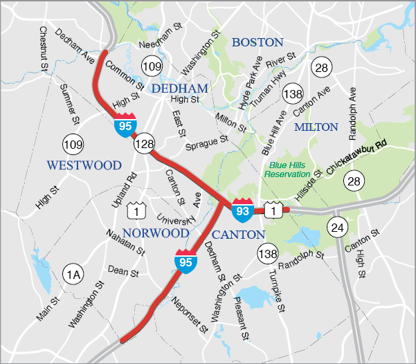 Canton, Dedham, Norwood, Sharon, and Westwood: Highway Lighting Improvements at Interstate 93 and Interstate 95/Route 128